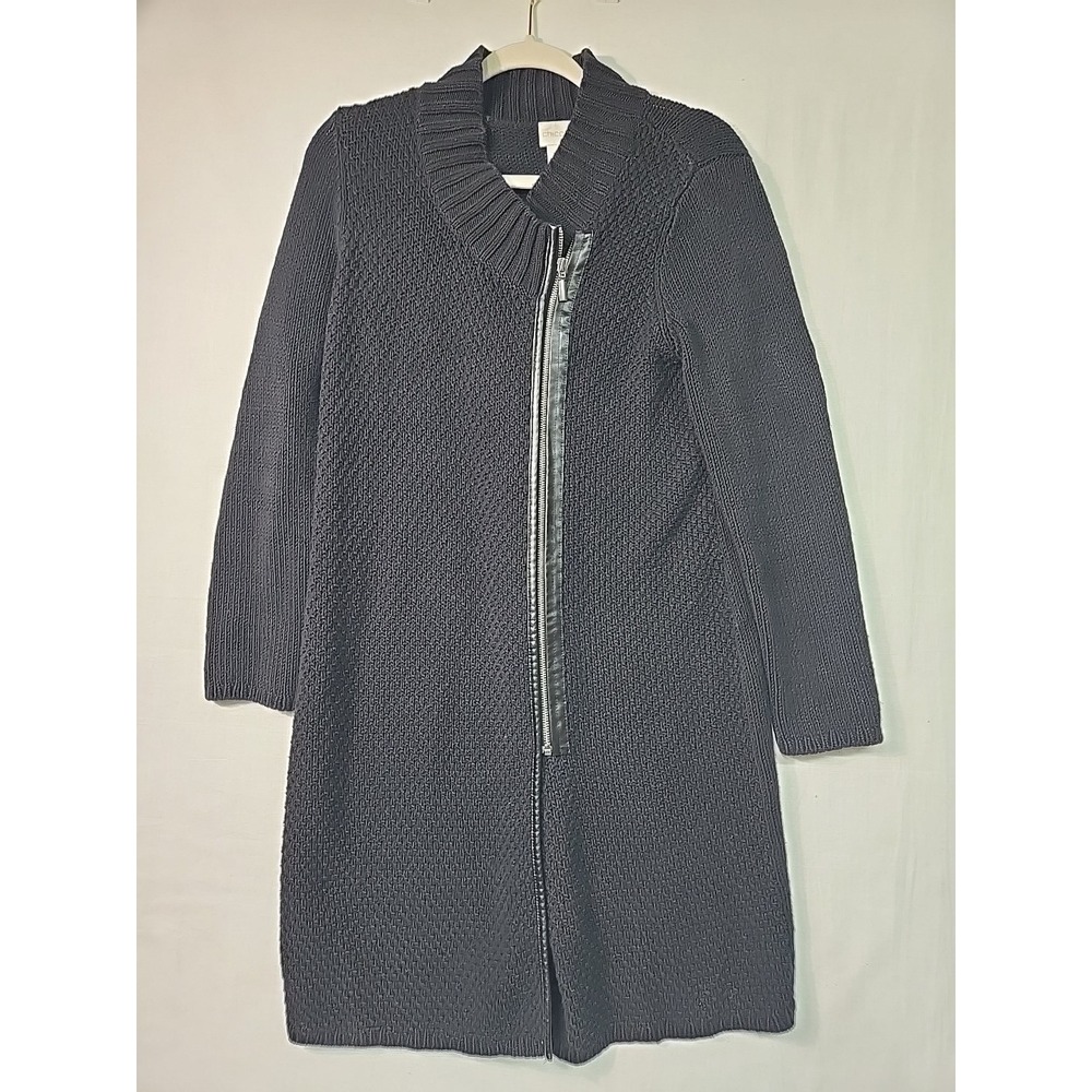 Chico's Women's 0 (S/4) Black LS Knit Cardigan Sweater Full Zip Faux Leather